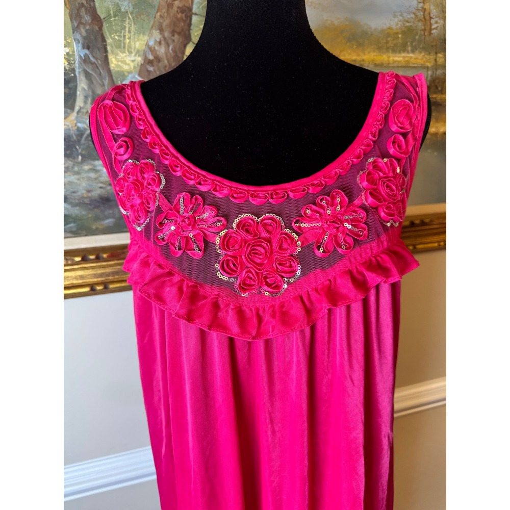 Hot Pink Floral Rosette Sequin Ruffle Sleeveless Nightgown Sz L Grandmacore midi